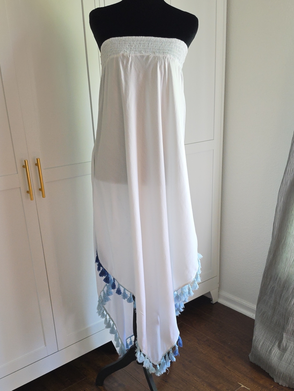 Raviya White Strapless Swim Cover with Blue Tassel Trim